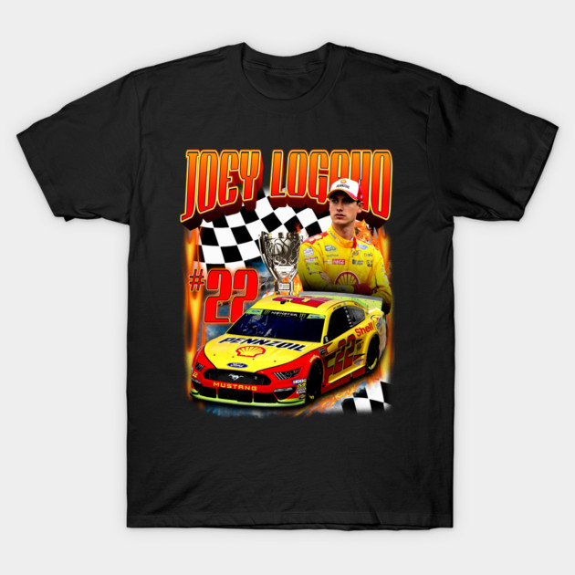Black racing-themed T-shirt with colorful car and trophy design, checkered flag background, sporty casual wear.