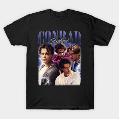 Black graphic t-shirt featuring vintage-style design with "Conrad Fisher" text, perfect for casual wear.