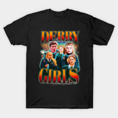 Black "Derry Girls" graphic t-shirt, vibrant design, casual wear, cotton material, unisex, pop culture theme.