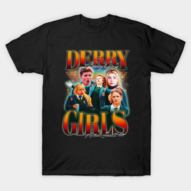 Black "Derry Girls" graphic t-shirt, vibrant design, casual wear, cotton material, unisex, pop culture theme.