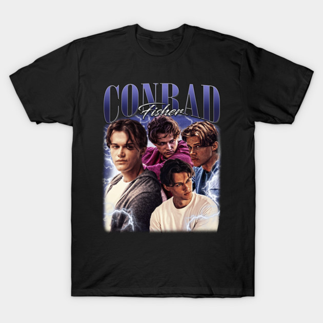 Black graphic t-shirt featuring vintage-style design with "Conrad Fisher" text, perfect for casual wear.