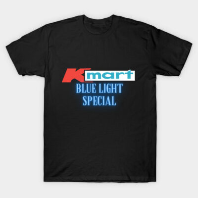 Black T-shirt with retro "Kmart Blue Light Special" graphic, casual cotton top for everyday wear.