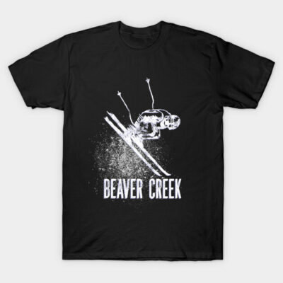 Black t-shirt with white ski design and "Beaver Creek" text, ideal for casual wear, cotton material.