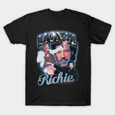 Black graphic t-shirt featuring retro music theme design with vibrant colors, perfect for casual wear.