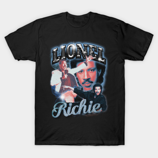 Black graphic t-shirt featuring retro music theme design with vibrant colors, perfect for casual wear.