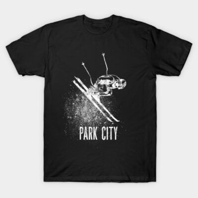 Black t-shirt featuring white skier graphic with "Park City" text, perfect for winter sports enthusiasts. Cotton material.