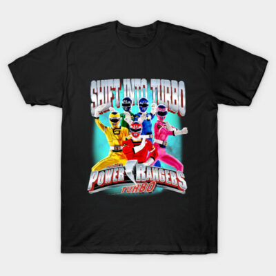 Black t-shirt featuring colorful retro cartoon team graphic, perfect for casual wear and fans of vintage animation series.