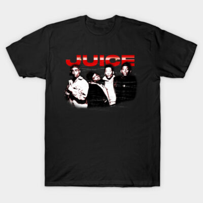 Black graphic tee with bold red "JUICE" text and vintage design, perfect for casual wear, 100% cotton material.