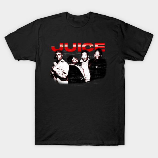 Black graphic tee with bold red "JUICE" text and vintage design, perfect for casual wear, 100% cotton material.