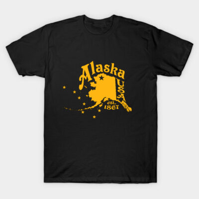 Black Alaska-themed t-shirt with yellow graphic design, casual style, perfect for everyday wear, made from soft cotton.