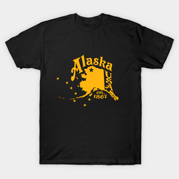 Black Alaska-themed t-shirt with yellow graphic design, casual style, perfect for everyday wear, made from soft cotton.