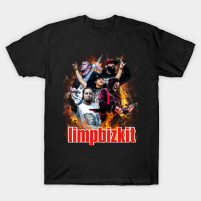 Black Limp Bizkit graphic t-shirt featuring band members with fiery background, perfect for music fans, cotton material.