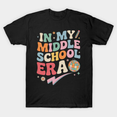 "Black T-shirt with colorful 'In My Middle School Era' retro design, casual wear, cotton material."