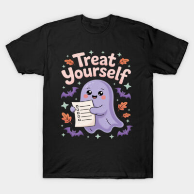 Black Halloween t-shirt featuring cute ghost and "Treat Yourself" text, perfect for festive occasions.