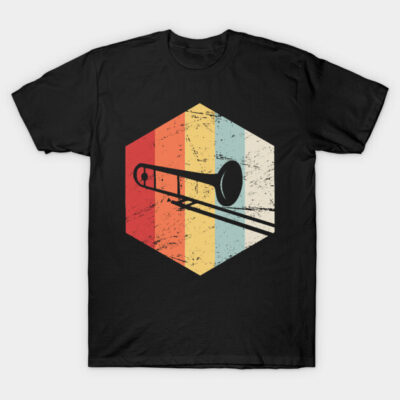Black t-shirt with vintage trombone design, multicolor striped hexagon background, casual wear, cotton material.