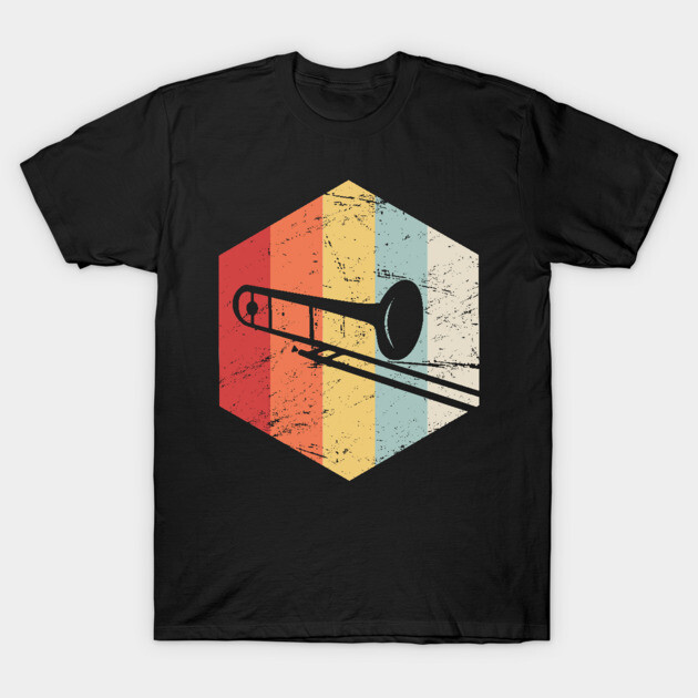Black t-shirt with vintage trombone design, multicolor striped hexagon background, casual wear, cotton material.