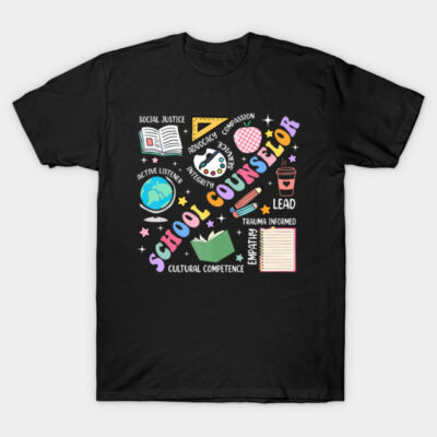 Black School Counselor T-shirt with colorful design, featuring educational symbols and motivational words. Ideal for educators.