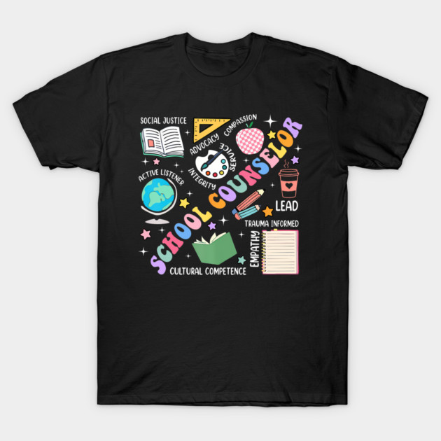 Black School Counselor T-shirt with colorful design, featuring educational symbols and motivational words. Ideal for educators.