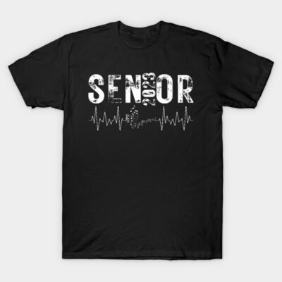 "Black 2023 Senior T-shirt with heartbeat graphic, casual cotton tee, unisex graduation apparel"