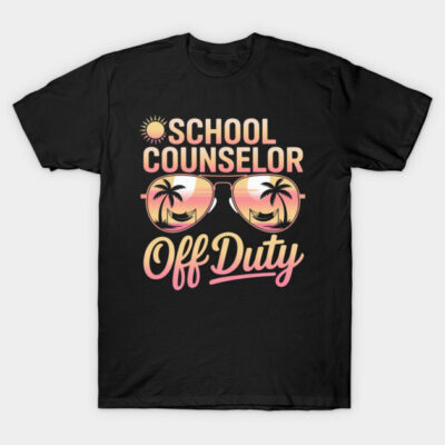 Black "School Counselor Off Duty" t-shirt with sunglasses and palm tree design, casual wear, cotton material.