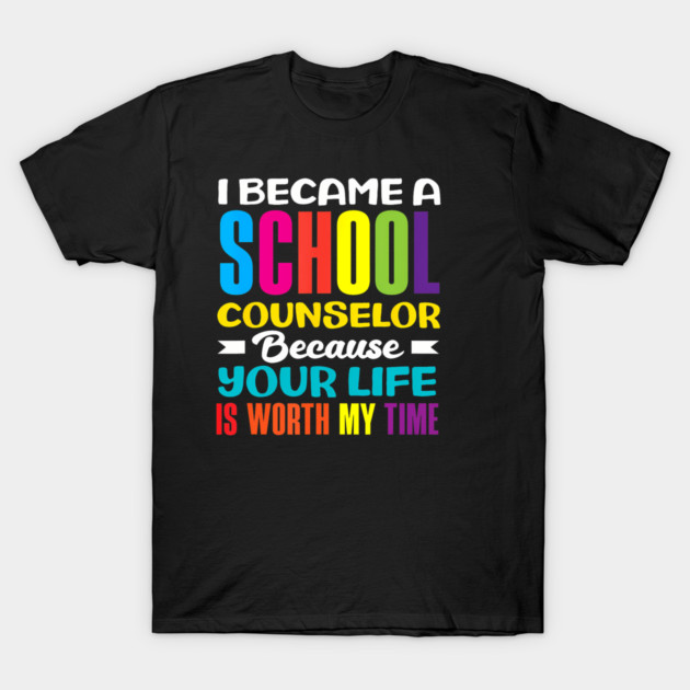 Black t-shirt with colorful text design, "I Became a School Counselor," made from 100% cotton, casual wear.