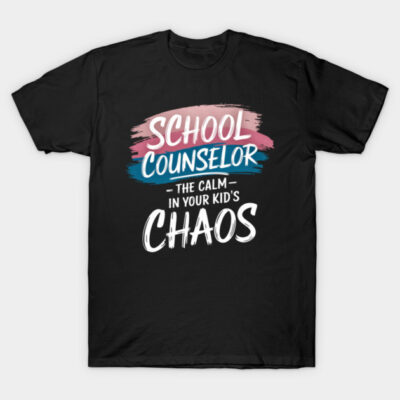 Black t-shirt with motivational "School Counselor" text design in pink, blue, and white. Casual wear for educators.