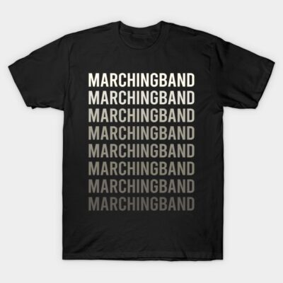 Black t-shirt with "Marching Band" text in gradient style, casual unisex design, perfect for music enthusiasts.