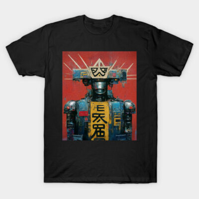 Cyber Shogun – Abstract Mecha Warrior with Futuristic Kanji Design T-Shirt by DevilOlive