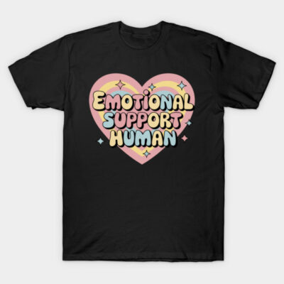 Black t-shirt with pastel heart and "Emotional Support Human" text, casual wear, soft cotton material.