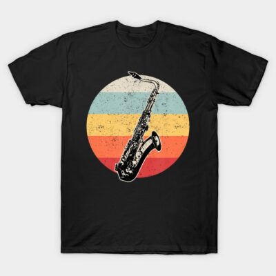 Black t-shirt with retro saxophone graphic in multicolor stripes, casual style, cotton material.