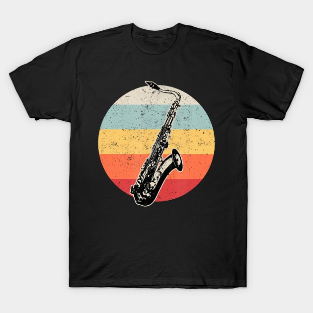 Black t-shirt with retro saxophone graphic in multicolor stripes, casual style, cotton material.