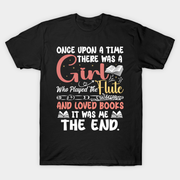 Black t-shirt with playful text design about a girl, flute, and books. Perfect for casual wear and book lovers.