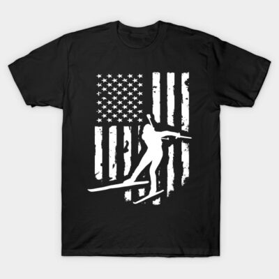Black t-shirt featuring white ski jumper silhouette on distressed American flag design, perfect for winter sports enthusiasts.