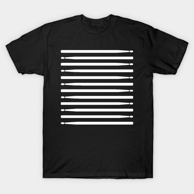 Black t-shirt with white drumsticks design, casual style, soft cotton material, perfect for music enthusiasts.