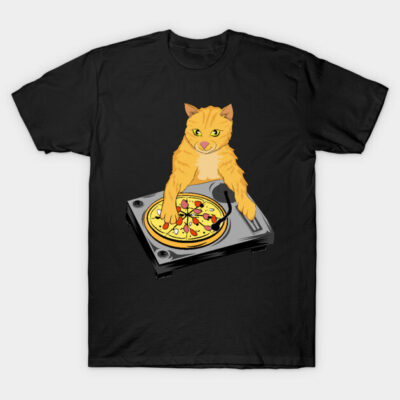 Black cotton t-shirt featuring a playful cat DJ design with a pizza turntable, perfect for casual wear and cat lovers.