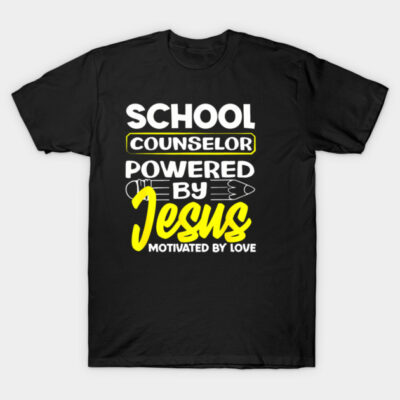 Black t-shirt with "School Counselor Powered by Jesus" text design in white and yellow, ideal for educators.