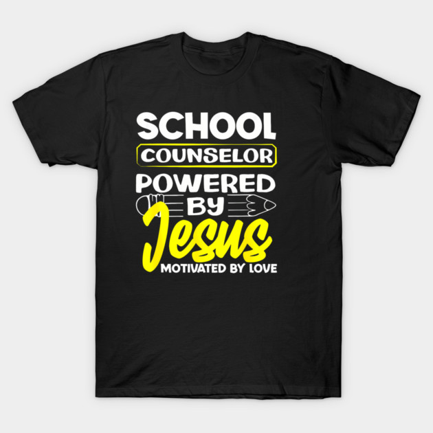 Black t-shirt with "School Counselor Powered by Jesus" text design in white and yellow, ideal for educators.