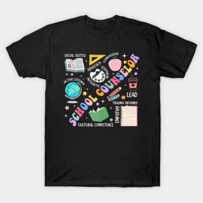 Black school counselor t-shirt with colorful educational graphics and text. Ideal for educators, made from soft cotton.