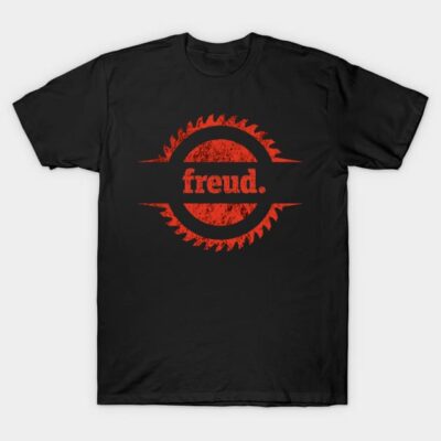Black t-shirt with red circular saw blade logo and "freud." text, casual wear, cotton material.