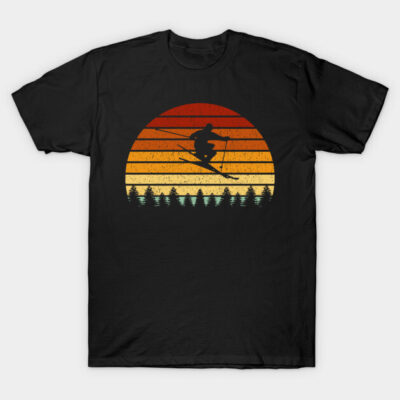 Black T-shirt with retro sunset skier graphic, casual wear, cotton blend, unisex design, ideal for outdoor enthusiasts.
