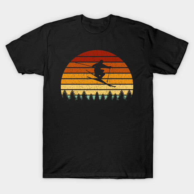 Black T-shirt with retro sunset skier graphic, casual wear, cotton blend, unisex design, ideal for outdoor enthusiasts.