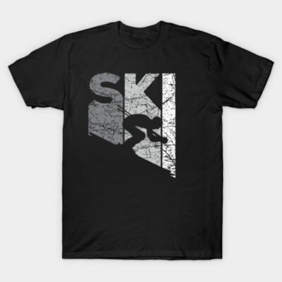 Black ski-themed graphic t-shirt, featuring distressed white print, ideal for winter sports enthusiasts. Cotton material.