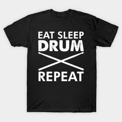 Black t-shirt with "Eat Sleep Drum Repeat" text and drumsticks graphic, casual style, made of cotton.
