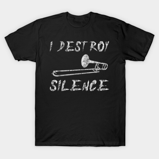 Black T-shirt with "I Destroy Silence" trumpet print, casual style, 100% cotton, ideal for music enthusiasts.