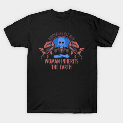 Black graphic T-shirt featuring dinosaurs and a "Woman Inherits the Earth" slogan for casual wear.