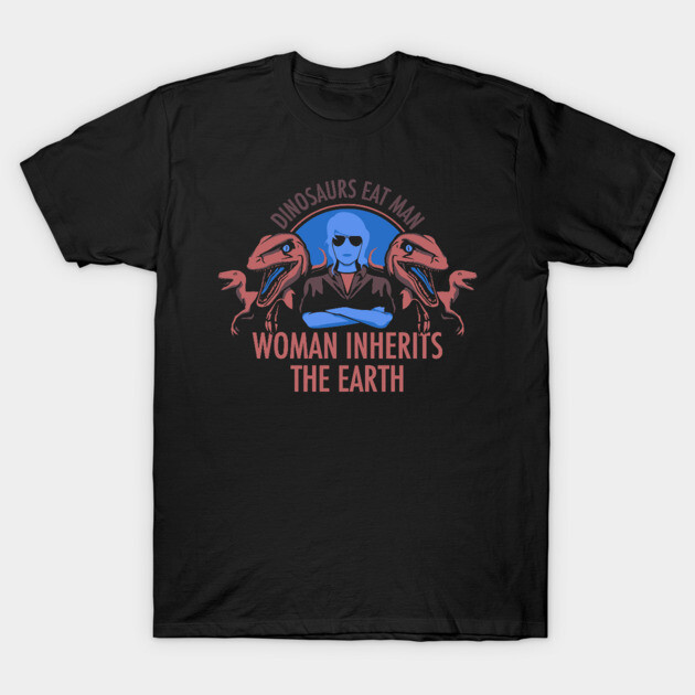 Black graphic T-shirt featuring dinosaurs and a "Woman Inherits the Earth" slogan for casual wear.