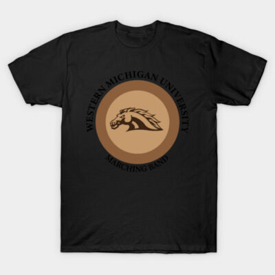 Black T-shirt with Western Michigan University Marching Band logo, casual cotton tee for music enthusiasts.