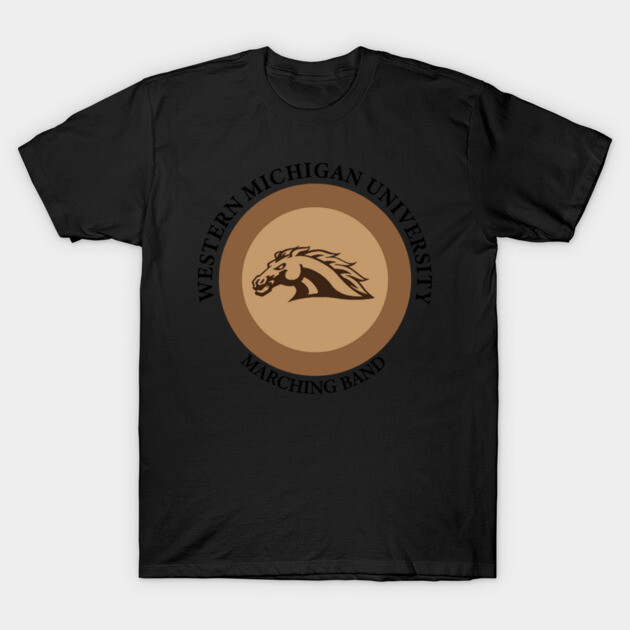 Black T-shirt with Western Michigan University Marching Band logo, casual cotton tee for music enthusiasts.