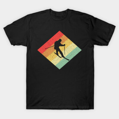 Black t-shirt with vintage skiing graphic, rainbow gradient background, casual wear, soft cotton material.
