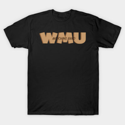 Black T-shirt with "WMU Marching Band" logo in tan, casual style, perfect for music enthusiasts and band members.